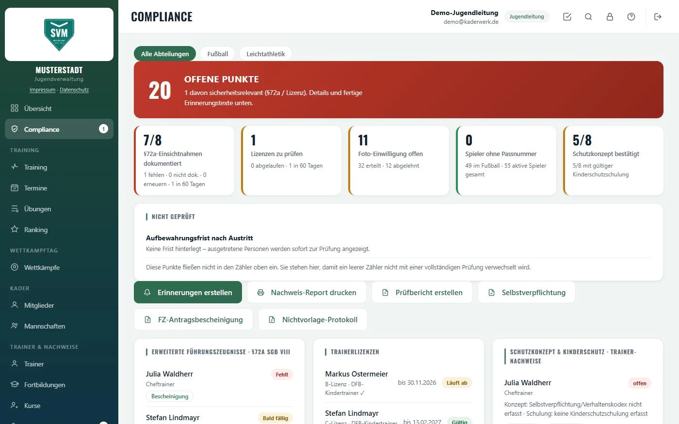 Compliance-Cockpit am PC: 20 offene Punkte, §72a-Einsichtnahmen 7 von 8 dokumentiert, Lizenzen, Foto-Einwilligungen, Passnummern, Schutzkonzept (Demo-Verein)